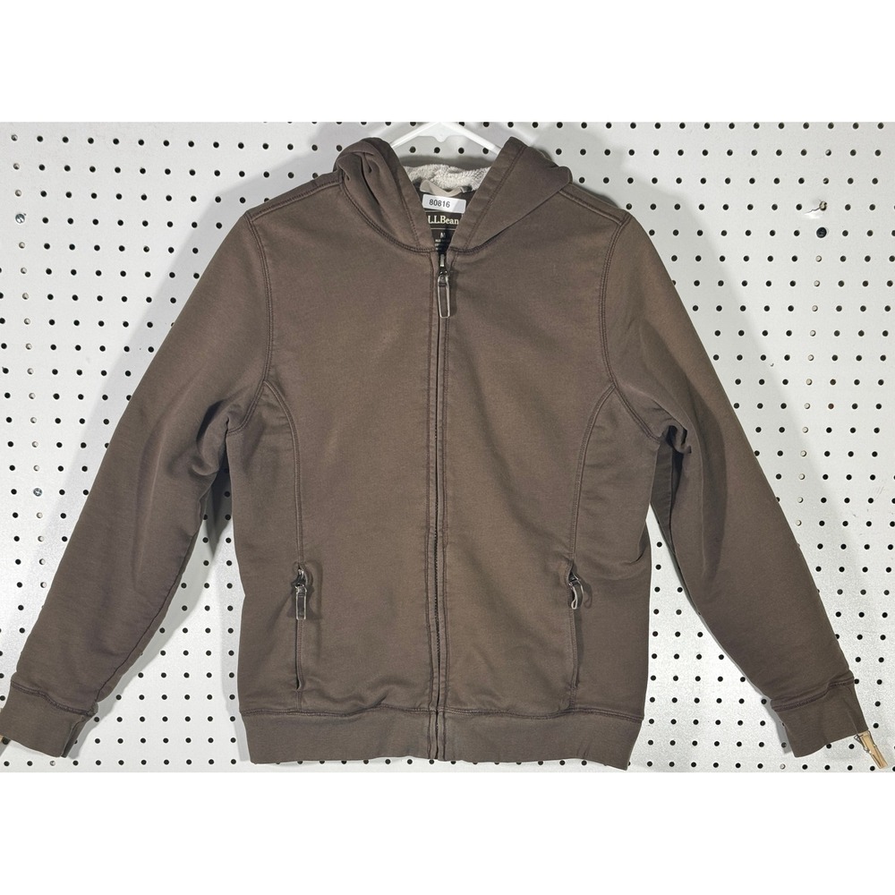 LL Bean Mens Brown Fleece Lined Full Zip Hooded Jacket Size M OHKB9